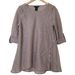 Ali Miles Tunic Top Size S Sheer Metallic Taupe Roll Tab Sleeve Lagenlook